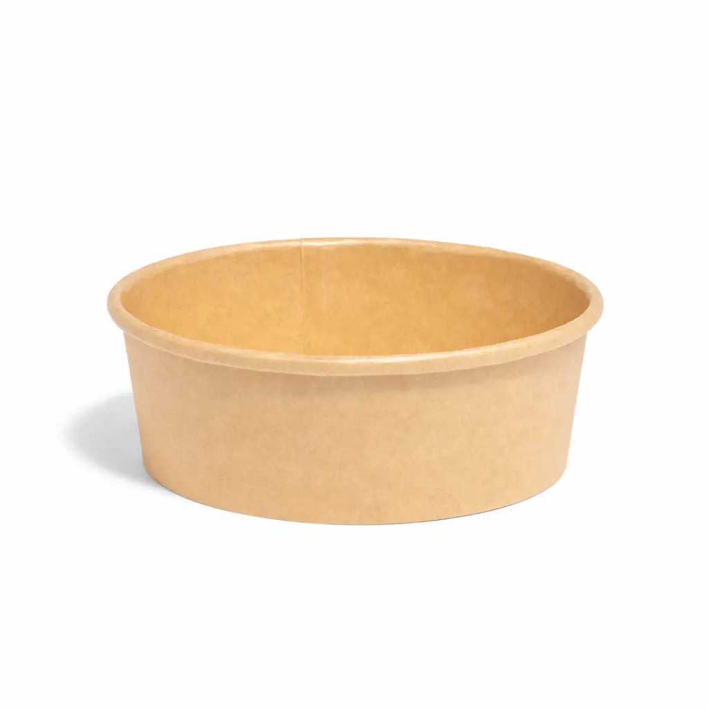 The Kraft Paper Bowl 500ml 300 Pack features plain brown bowls with a smooth, round shape, perfect for takeaway food packaging. Photographed against a white background.