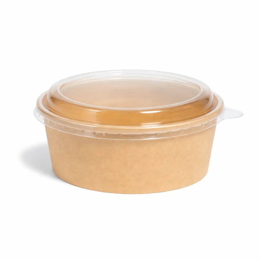 The Kraft Paper Bowl 500ml (300 Pack) features a brown kraft paper bowl with a clear plastic lid, ideal for takeaway food packaging. Shown here against a white background.