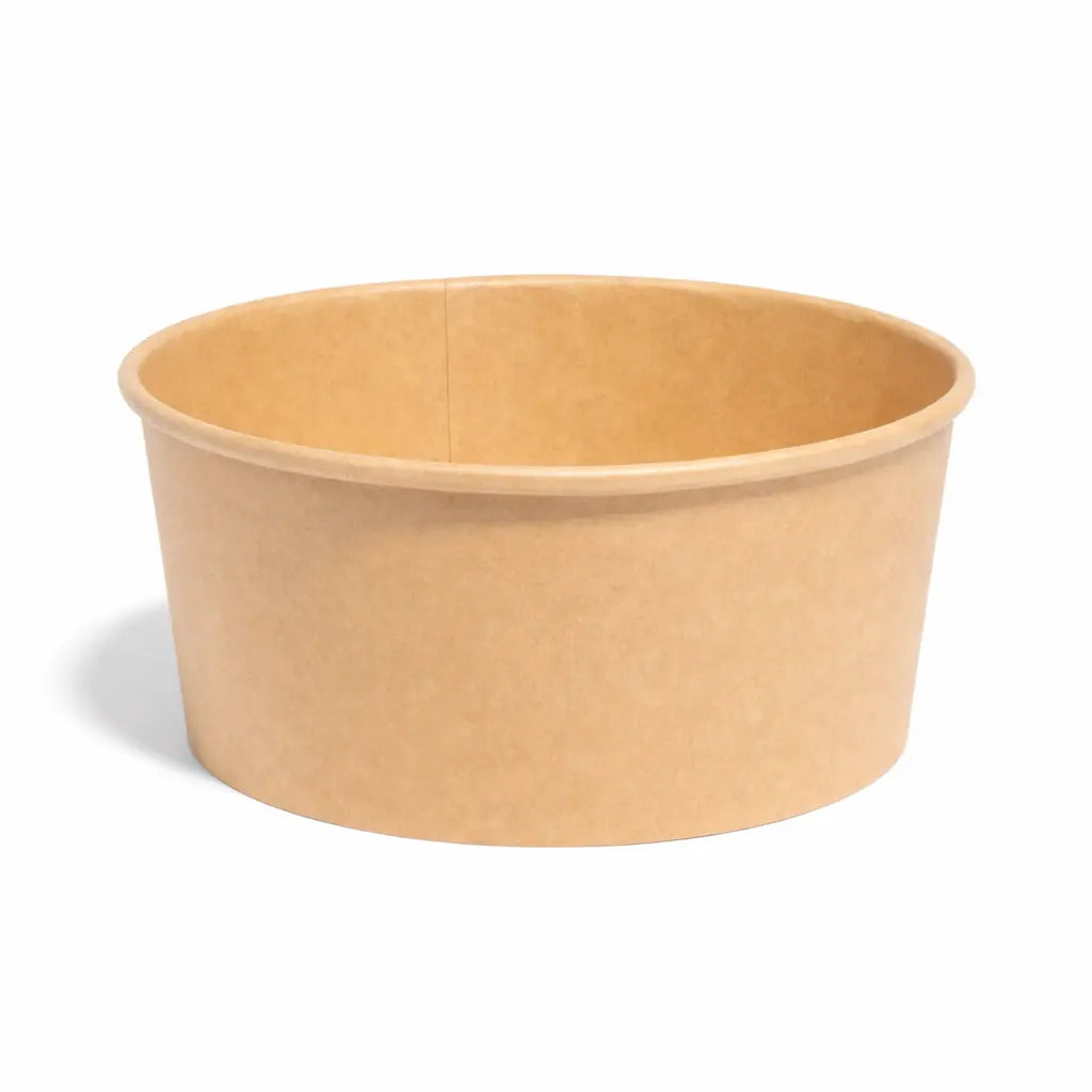 The Kraft Paper Bowl 750ml 300 Pack features plain kraft paper bowls with smooth rims, perfect for takeaway food packaging. Each bowl is shown empty against a white background.