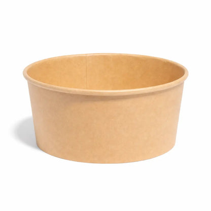 The Kraft Paper Bowl 750ml 300 Pack features plain kraft paper bowls with smooth rims, perfect for takeaway food packaging. Each bowl is shown empty against a white background.