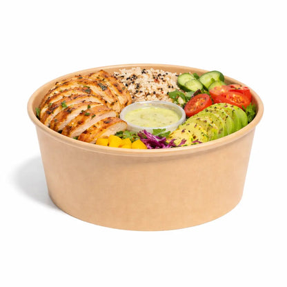 The Kraft Paper Bowl 750ml 300 Pack is ideal for takeaway food like grilled chicken, rice, avocado, cherry tomatoes, cucumber, mango, greens, and dressing—perfect for serving fresh meals or salads on the go.