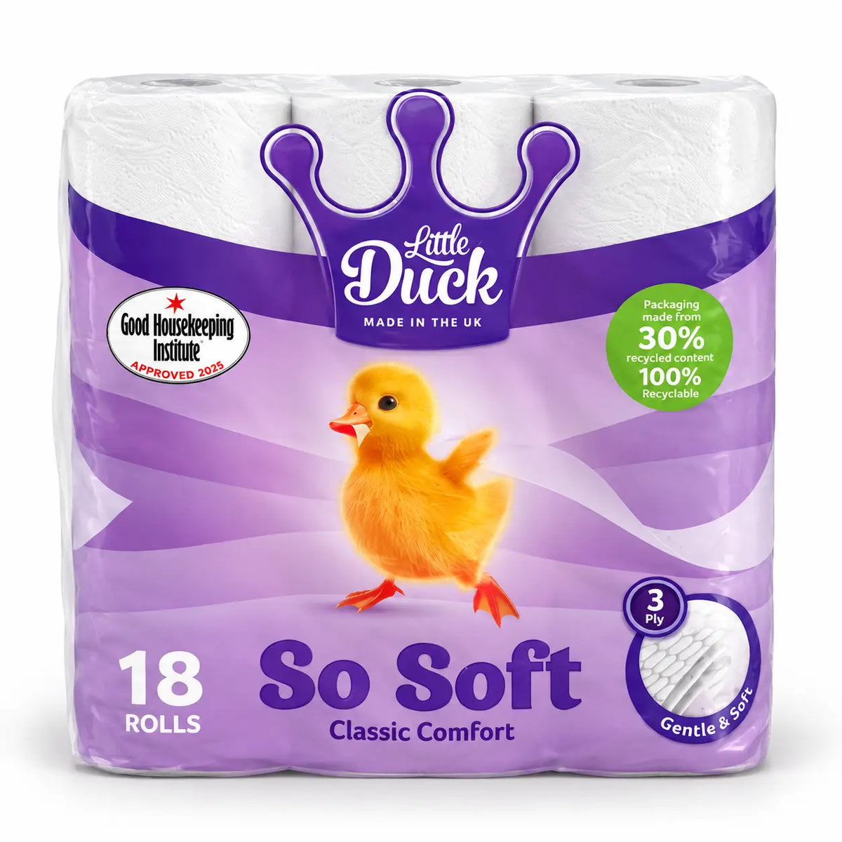 Little Duck So Soft 3 Ply Toilet Roll 18 Pack offers luxurious 3-ply softness, comes in a pack of 18 rolls, and features a yellow duckling on the front along with a Good Housekeeping Institute Approved 2023 badge.
