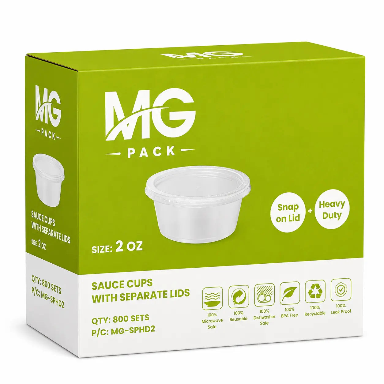 Heavy Duty Sauce Cups & Lids 2oz 800 Pack—Green box labeled “MG Pack” containing 800 sets of 2 oz heavy duty plastic portion cups with separate leak-resistant, snap-on lids; microwave and freezer safe, BPA free, and recyclable.