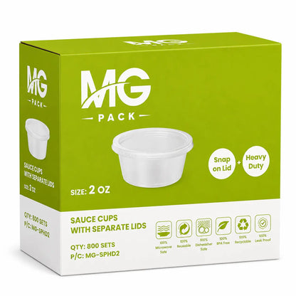 Heavy Duty Sauce Cups & Lids 2oz 800 Pack—Green box labeled “MG Pack” containing 800 sets of 2 oz heavy duty plastic portion cups with separate leak-resistant, snap-on lids; microwave and freezer safe, BPA free, and recyclable.