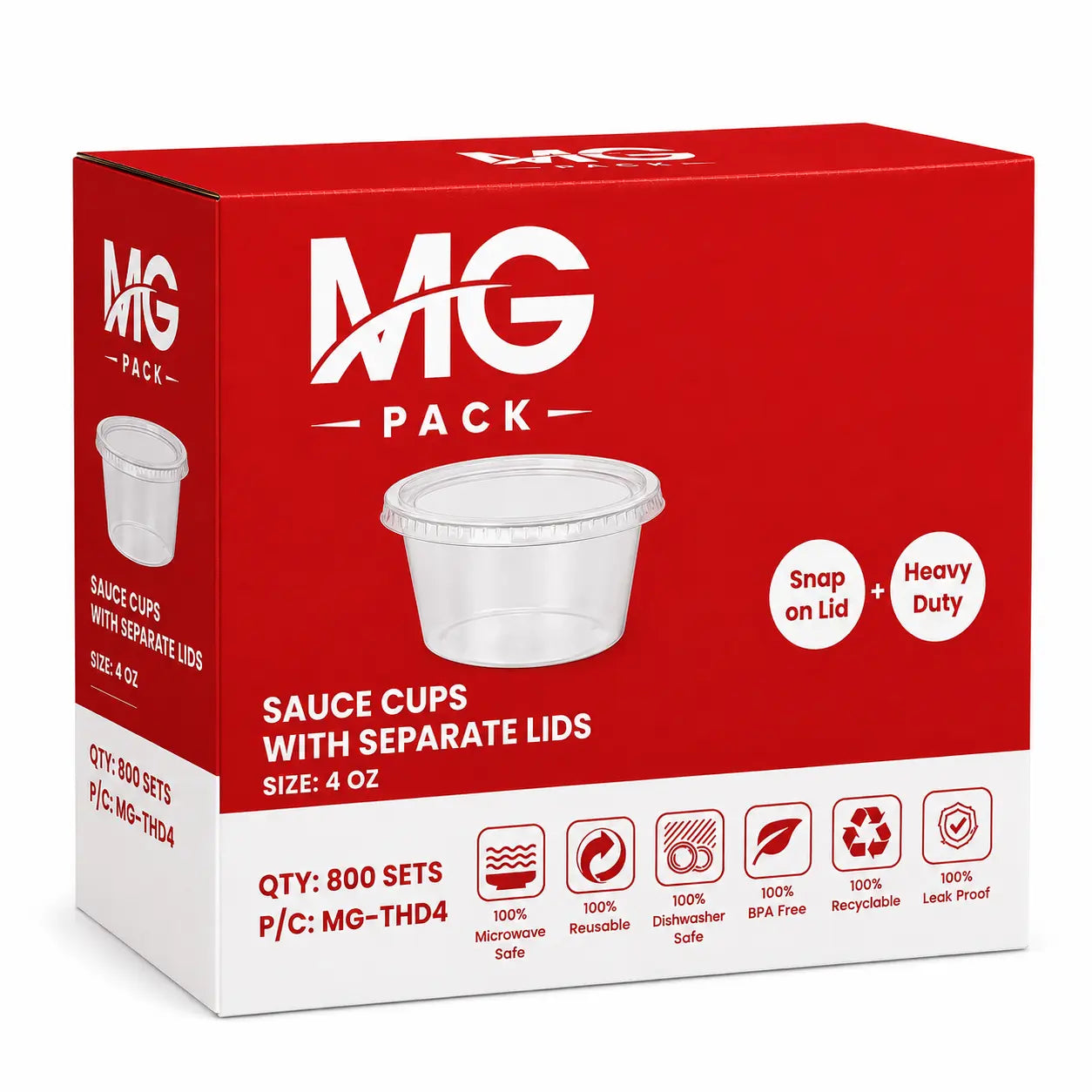 Red and white box of Heavy Duty Sauce Cups & Lids 4oz 800 Pack, featuring separate, snap-on leak resistant lids; heavy duty plastic construction; microwave and dishwasher safe; includes 800 sets of 4oz sauce cups with lids.