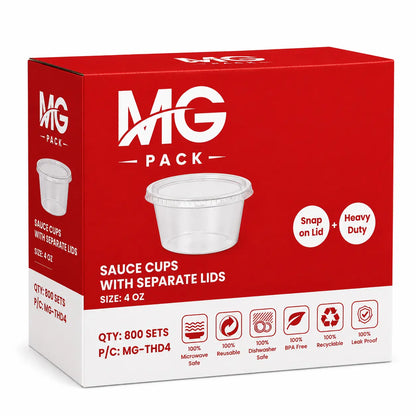 Red and white box of Heavy Duty Sauce Cups & Lids 4oz 800 Pack, featuring separate, snap-on leak resistant lids; heavy duty plastic construction; microwave and dishwasher safe; includes 800 sets of 4oz sauce cups with lids.