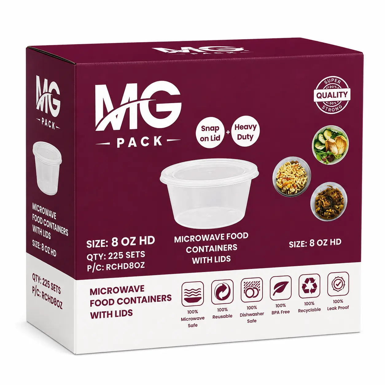 A maroon box labeled “Round Plastic Food Containers with Lids 8oz 225 Pack” contains 225 sets of food-grade PP 8oz round microwaveable containers with lids, featuring icons and images of portioned food on the packaging.
