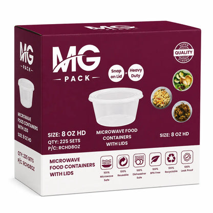 A maroon box labeled “Round Plastic Food Containers with Lids 8oz 225 Pack” contains 225 sets of food-grade PP 8oz round microwaveable containers with lids, featuring icons and images of portioned food on the packaging.