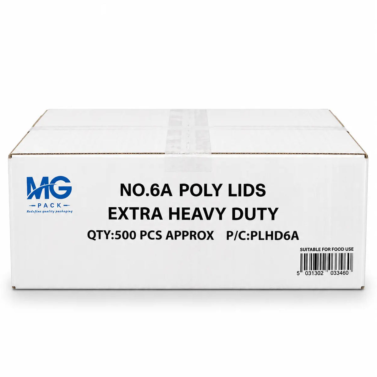 A white cardboard box labeled “No6a Extra Heavy Duty Container Lids 500 Pack,” containing approximately 500 heavy-duty lids designed for use with foil containers, features the MG Pack logo and product code PLHD6A.
