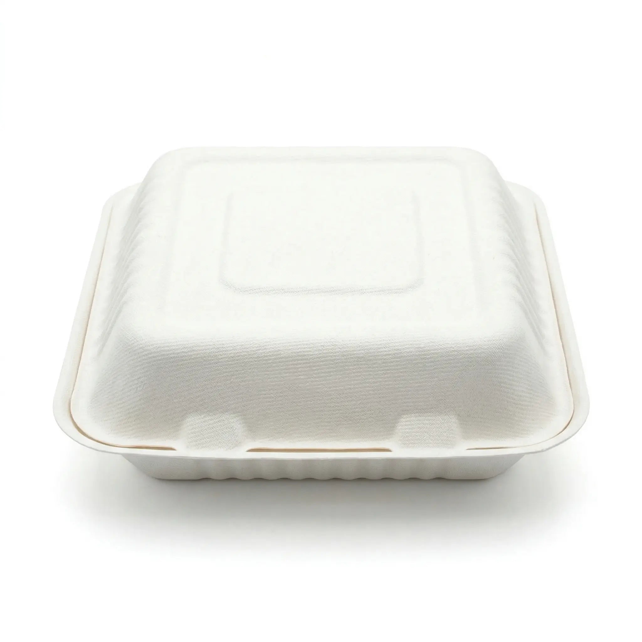 The 3 Compartment Bagasse Meal Box 8" x 8" (150 Pack) is shown closed against a plain white background, showcasing its square, eco-friendly packaging.