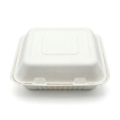 The 3 Compartment Bagasse Meal Box 8" x 8" (150 Pack) is shown closed against a plain white background, showcasing its square, eco-friendly packaging.