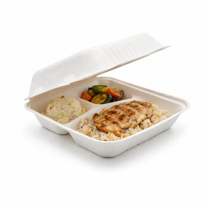 A takeout container with grilled chicken on rice, mashed potatoes, and mixed sautéed vegetables—served in eco-friendly packaging using the 3 Compartment Bagasse Meal Box 8" x 8" (150 Pack) for convenient separation.