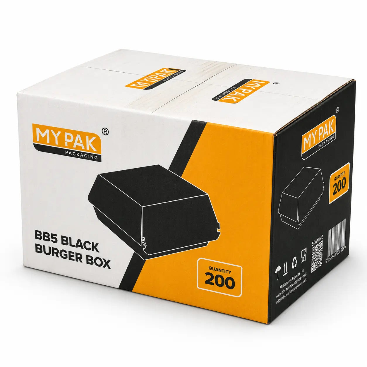 A pack of 200 Black Burger Boxes 5 Inch, made from paperboard in a clamshell style with black and orange branding—perfect for stylish takeaway packaging.