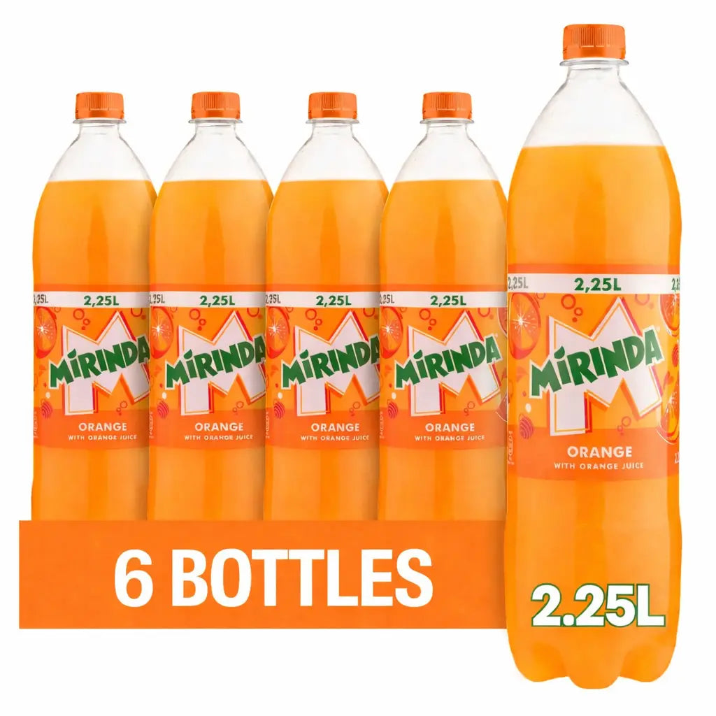Mirinda Orange 6 x 2.25L—six-pack of France-imported soda, each bottle 2.25L. Perfect for wholesale with bold packaging highlighting all six bottles and their generous size.