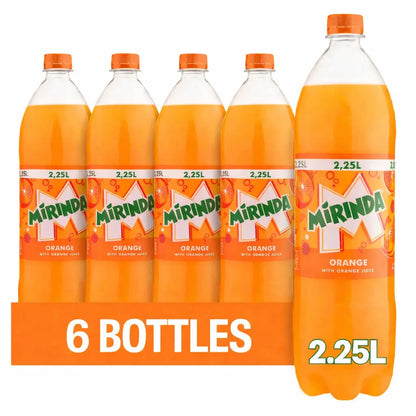Mirinda Orange 6 x 2.25L—six-pack of France-imported soda, each bottle 2.25L. Perfect for wholesale with bold packaging highlighting all six bottles and their generous size.