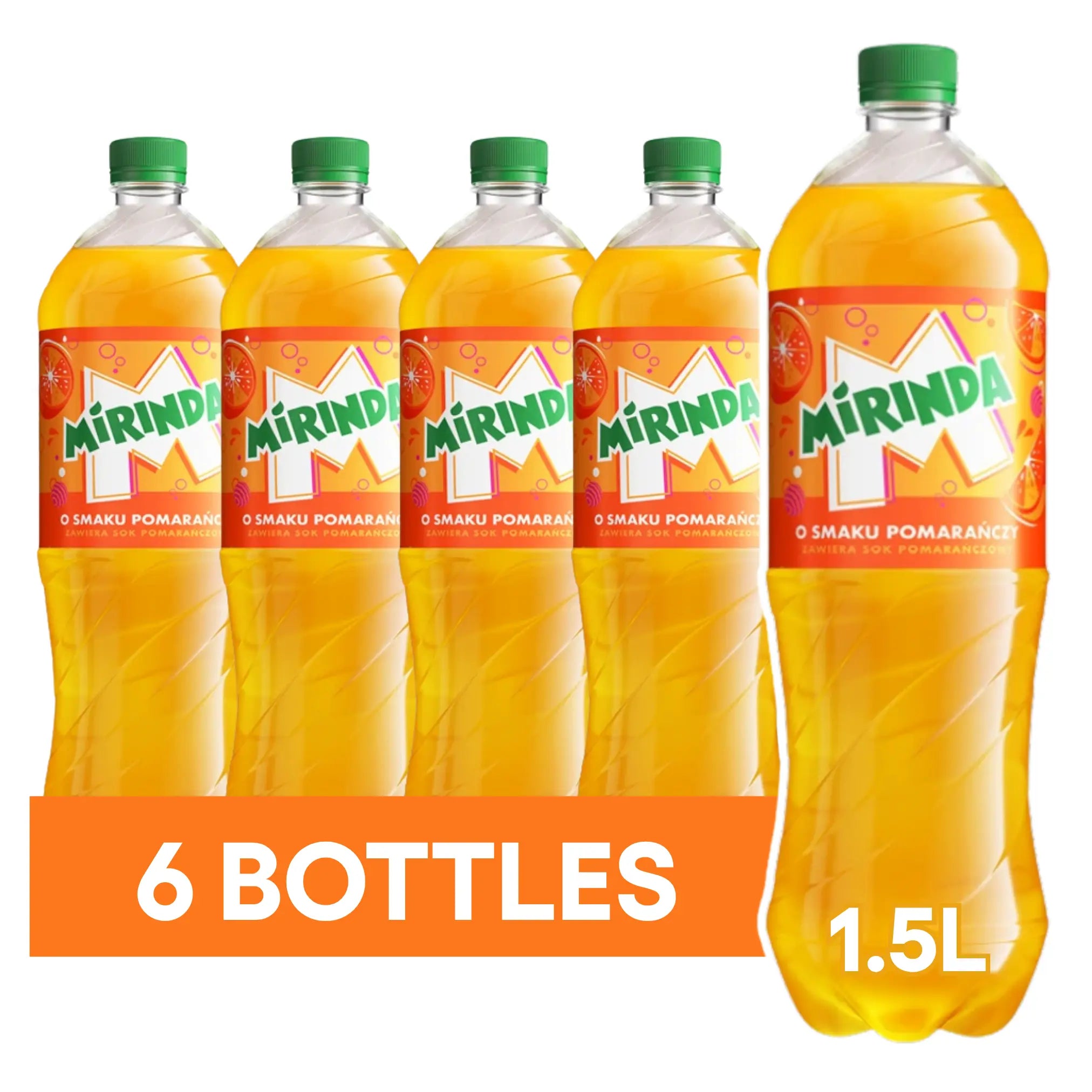 Mirinda Orange 1.5L Bottles 6 Pack is pictured, with an orange banner reading 6 BOTTLES 1.5L—an ideal choice for soft drink wholesale needs.