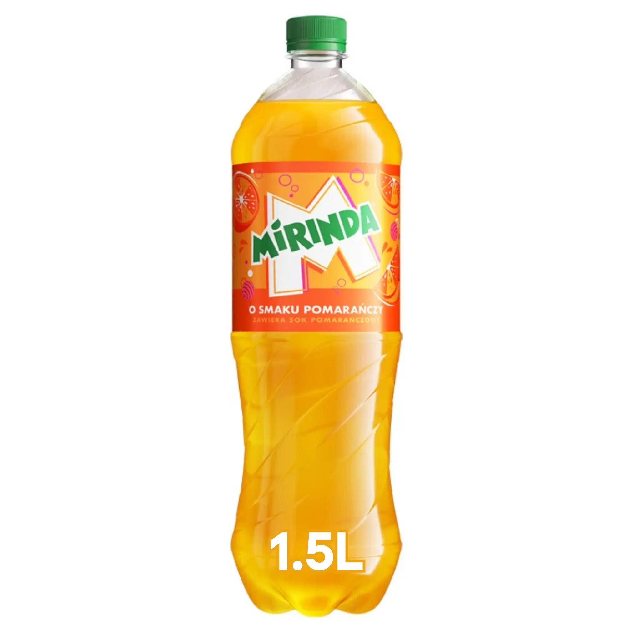 Mirinda Orange 1.5L Bottles 6 Pack features vibrant orange labels and green caps—ideal for wholesale or enjoying a refreshing soft drink.