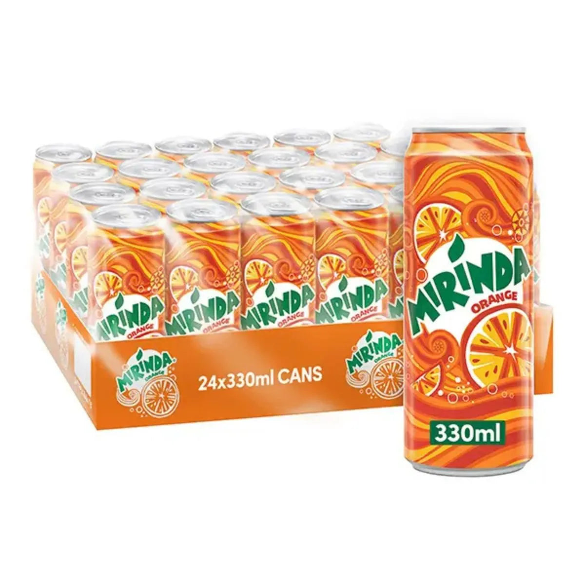 Mirinda Orange 24 x 330ml pack—ideal for wholesale canned drinks. Each can displays vibrant orange graphics with the Mirinda Orange logo.