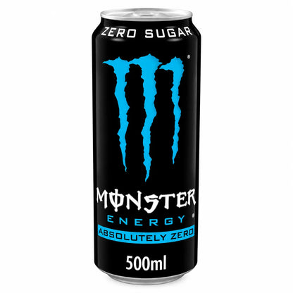 A 500ml can from the Monster Absolutely Zero PM 500ml x 12 pack, featuring a black background, blue logo, and the text “Zero Sugar” and “Absolutely Zero.”.
