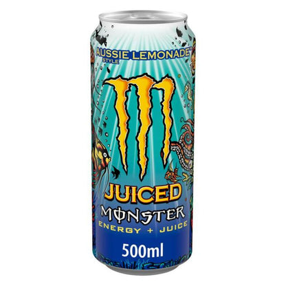 Monster Aussie Style Lemonade 24 x 500ml—part of the Monster Energy family with a blue can, yellow logo, and decorative art—ideal for energy drinks wholesale.