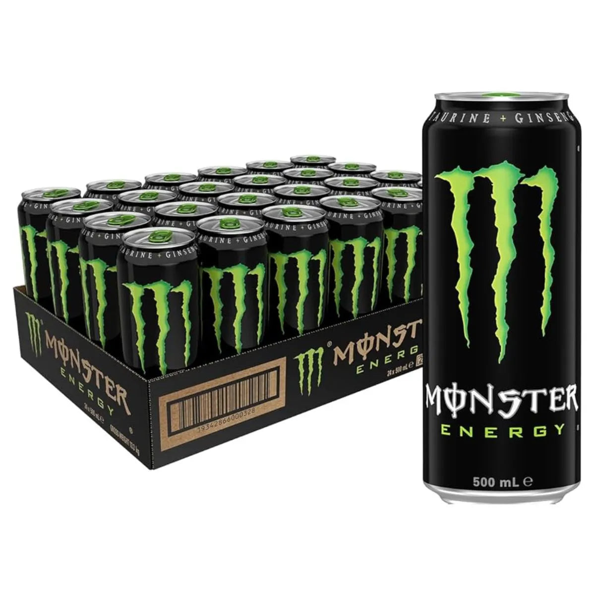 A 24-pack of Monster Energy Original (500ml) cans, with one can displayed in the foreground. The cans feature a bold black design with the signature green claw mark logo.