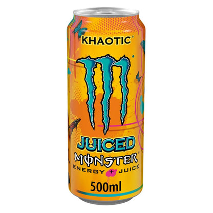 Monster Khaotic 12 x 500ml PM is a tropical citrus energy drink with an orange background and vibrant Monster branding—ideal for energy drink wholesalers.