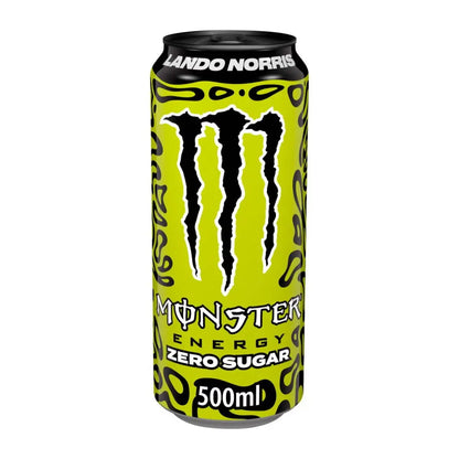 A 500ml can from the Monster Lando Norris 12 x 500ml PM pack, this energy drink sports a bold yellow and black look with “Monster Lando Norris” displayed on the top rim.