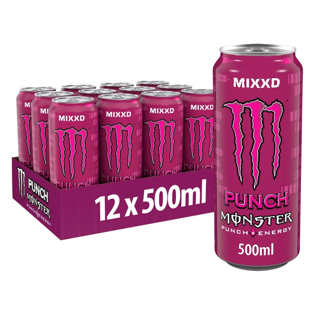 A 12-pack tray of Monster Mixxd Punch 12 x 500ml PM cans, featuring bold pink branding and one can in front—ideal for wholesale energy drink purchases.