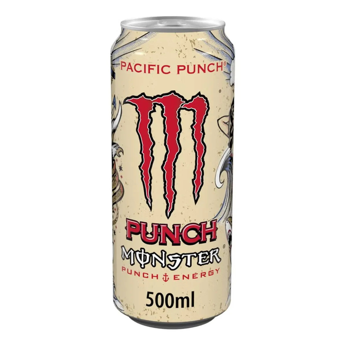 A pack of Monster Pacific Punch 12 x 500ml PM cans featuring a beige background, red logo, and decorative artwork—perfect for those looking for energy drink wholesale options.
