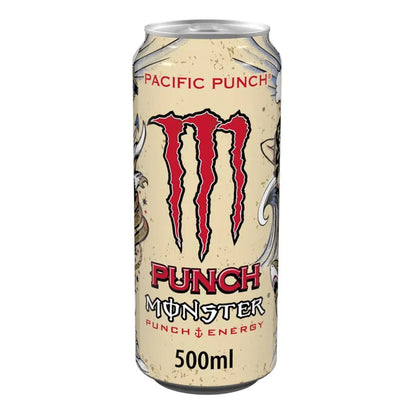 A pack of Monster Pacific Punch 12 x 500ml PM cans featuring a beige background, red logo, and decorative artwork—perfect for those looking for energy drink wholesale options.