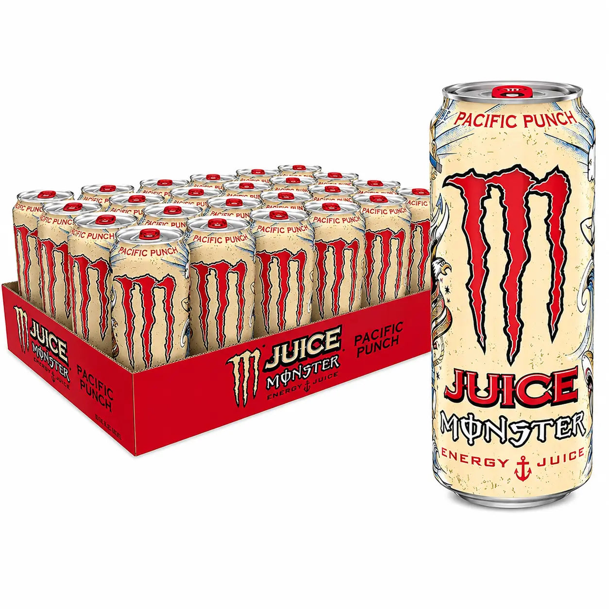 A 24-pack of Monster Pacific Punch (500ml) energy drink cans (imported), with one can displayed in front of the pack.