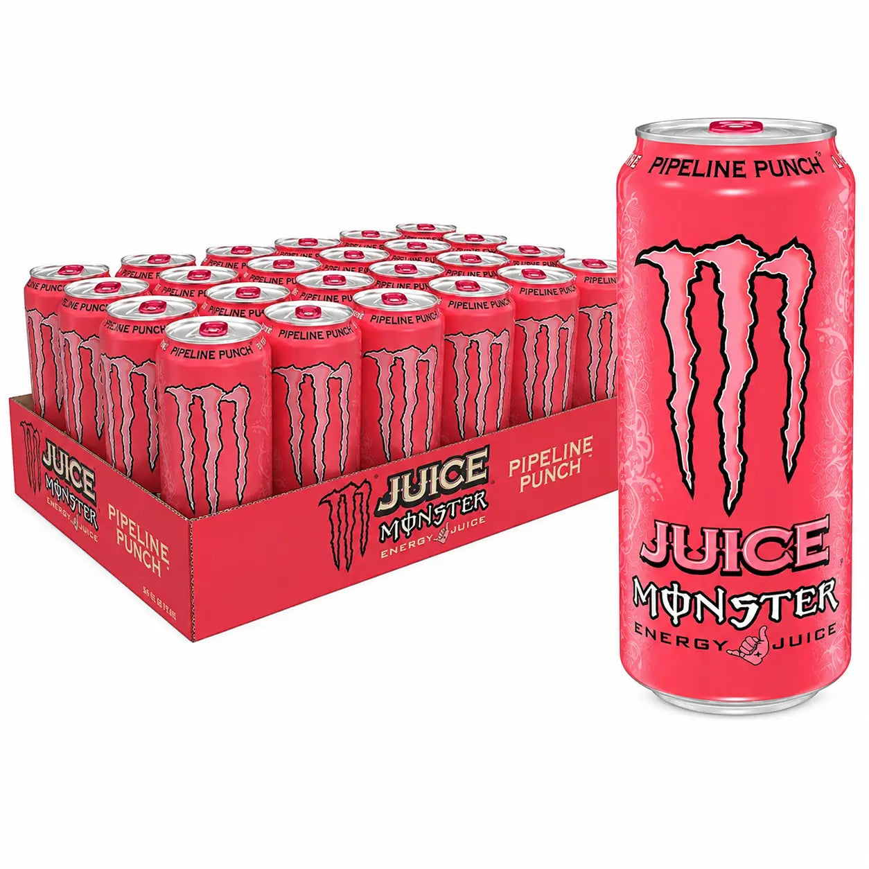A 24-pack of Monster Pipeline Punch 500ml (Import) energy drink cans is displayed, with one can positioned at the front. The pink cans feature the signature Monster branding and a Pipeline Punch label.