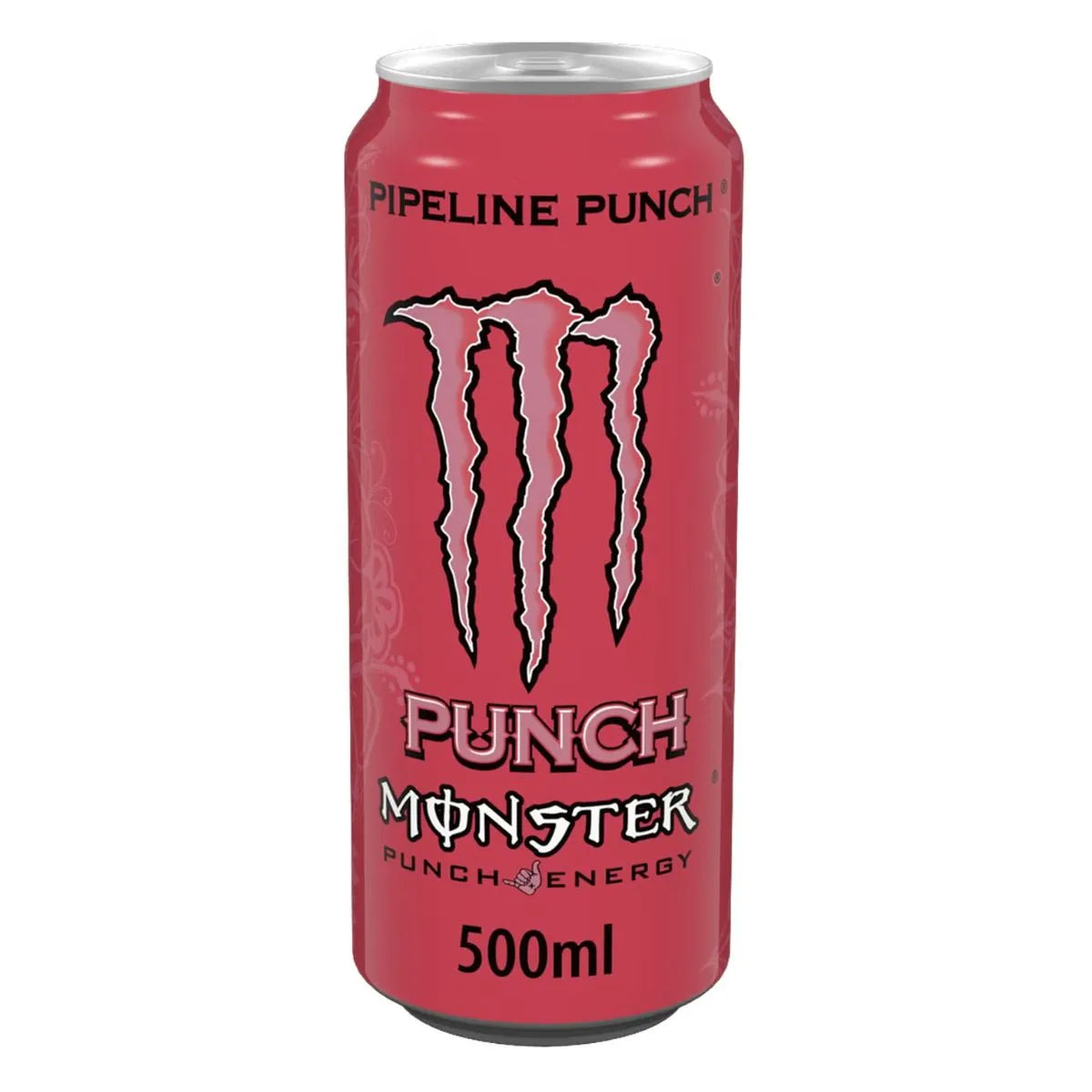 A pack of 12 Monster Pipeline Punch 500ml cans, each featuring a pink background and bold black text.