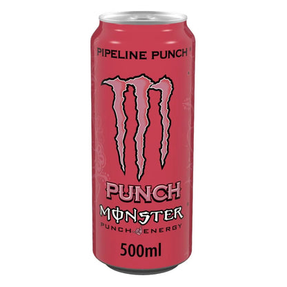 A pack of 12 Monster Pipeline Punch 500ml cans, each featuring a pink background and bold black text.
