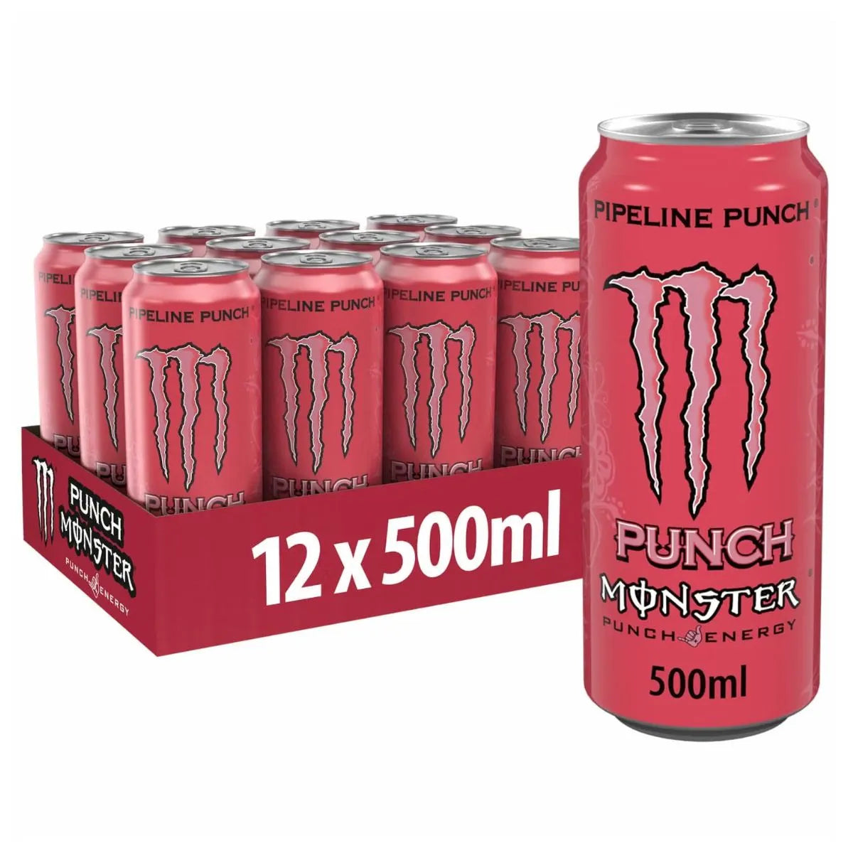 A 12-pack of Monster Pipeline Punch 500ml PM—vibrant pink cans delivering a bold, refreshing energy boost for those who crave something exciting.