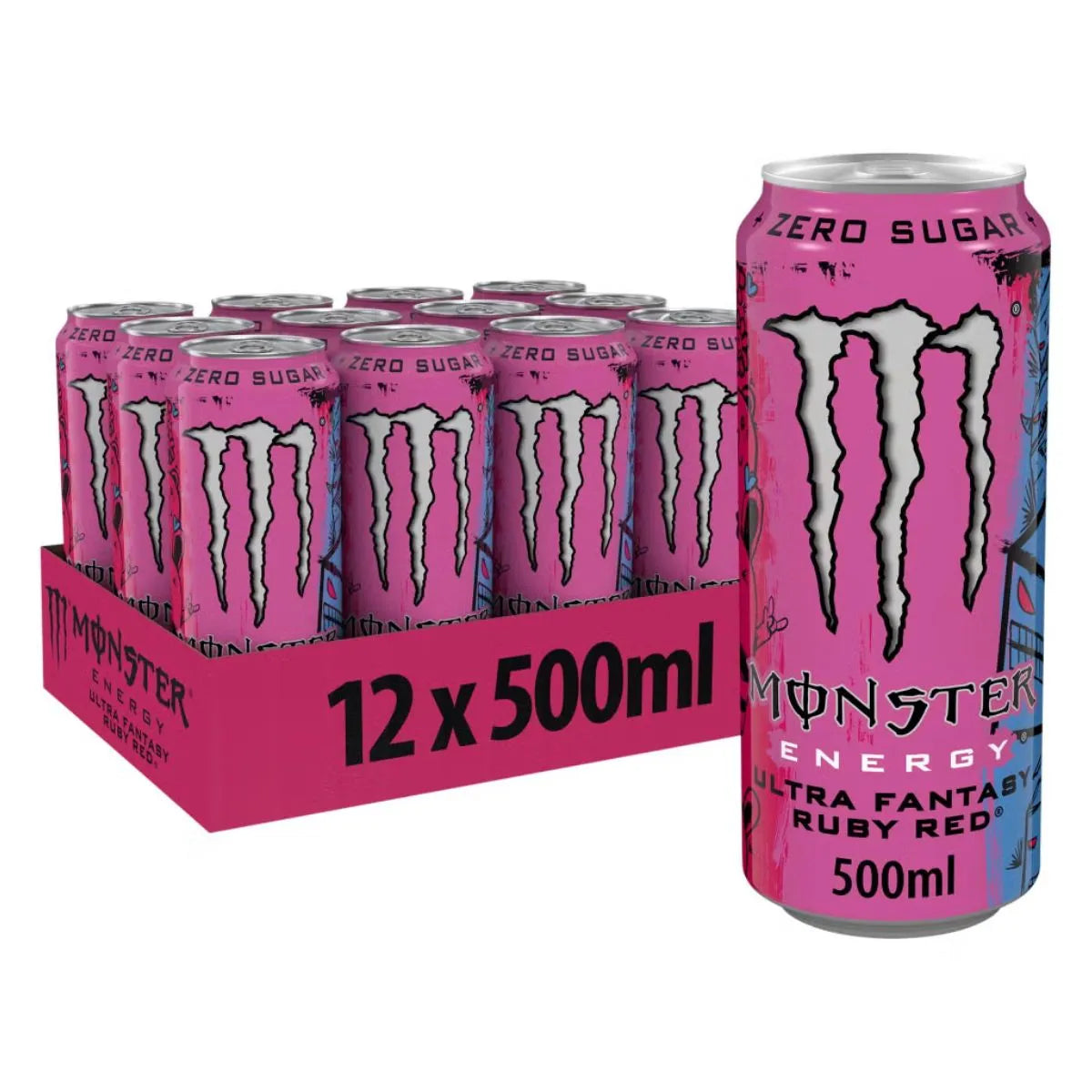 A 12-pack of Monster Ultra Fantasy Ruby Red 500ml, zero sugar energy drinks (12 x 500ml PM), featuring a vibrant pink can displayed in front.