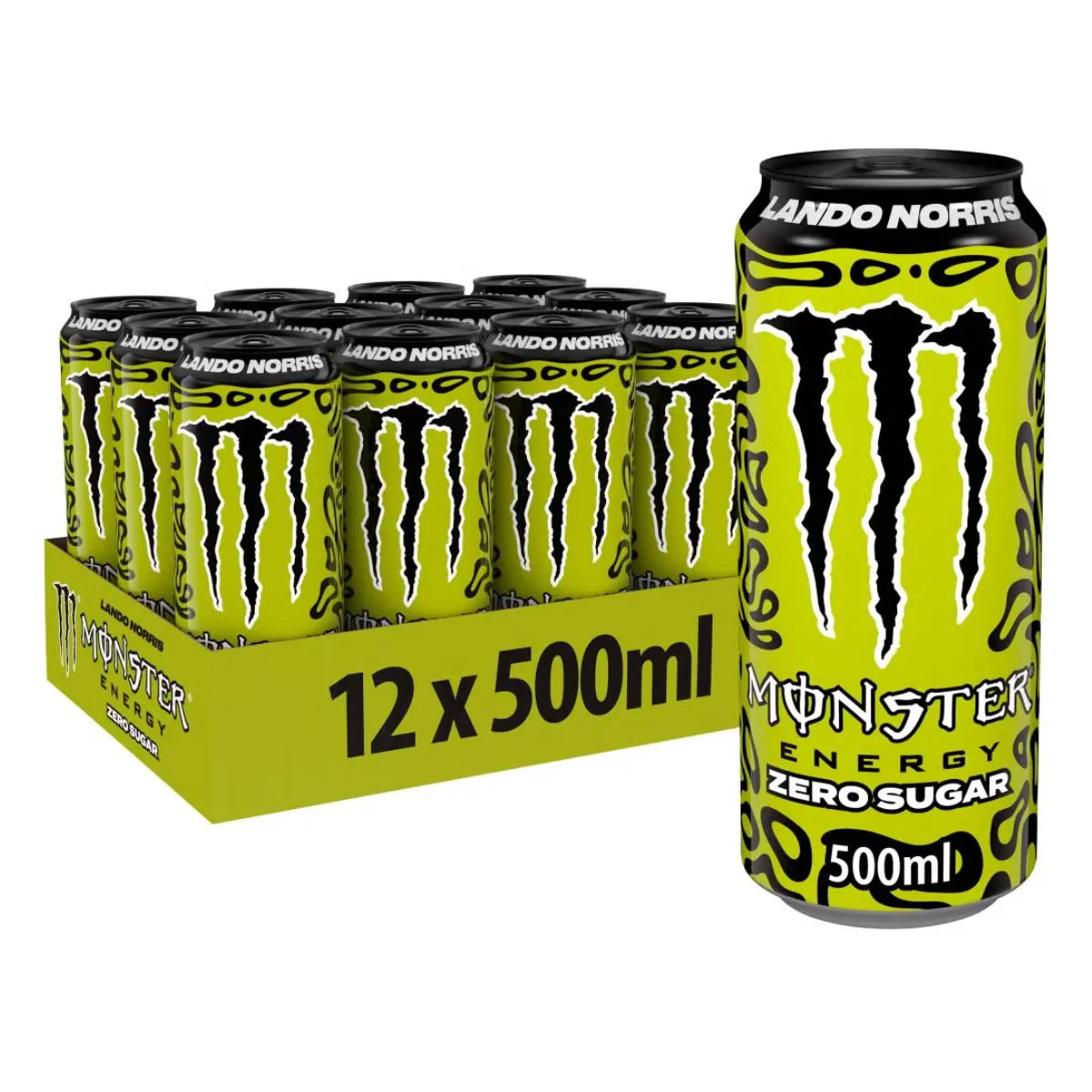 A 12-pack of Monster Lando Norris 500ml PM cans, featuring exclusive branding and a bold green and black design.