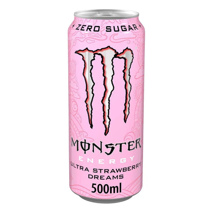 Monster Ultra Strawberry Dream 12 x 500ml PM is a zero-sugar energy drink with a vibrant pink design, ideal for wholesale buyers seeking sugar-free options.