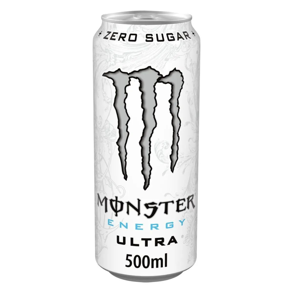 A case of Monster Ultra 24 x 500ml, the sugar-free energy drink with a white can design, Zero Sugar printed at the top, and the iconic Monster claw logo in the center.
