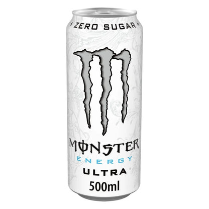 A case of Monster Ultra 24 x 500ml, the sugar-free energy drink with a white can design, Zero Sugar printed at the top, and the iconic Monster claw logo in the center.