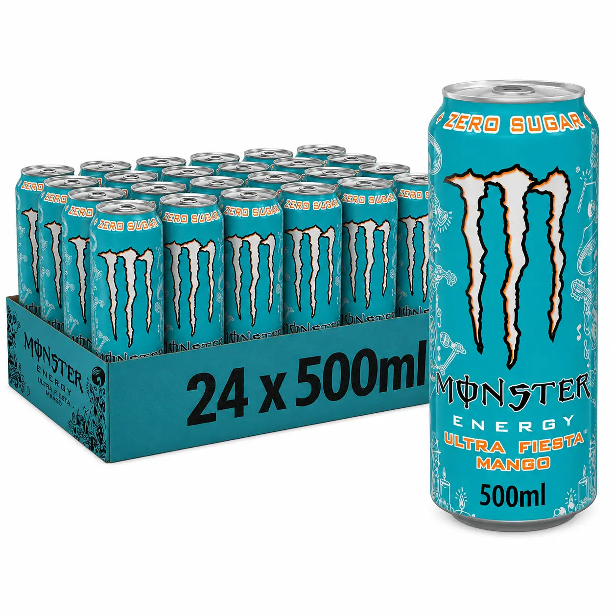 A 500ml can of Monster Ultra Fiesta is displayed next to a 24-pack case of Monster Ultra Fiesta 500ml x 24 (Import). The cans are turquoise with orange and blue text.