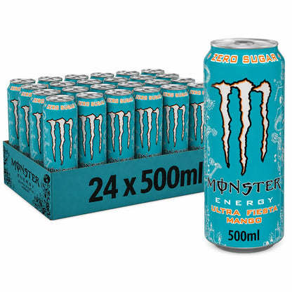 A 500ml can of Monster Ultra Fiesta is displayed next to a 24-pack case of Monster Ultra Fiesta 500ml x 24 (Import). The cans are turquoise with orange and blue text.