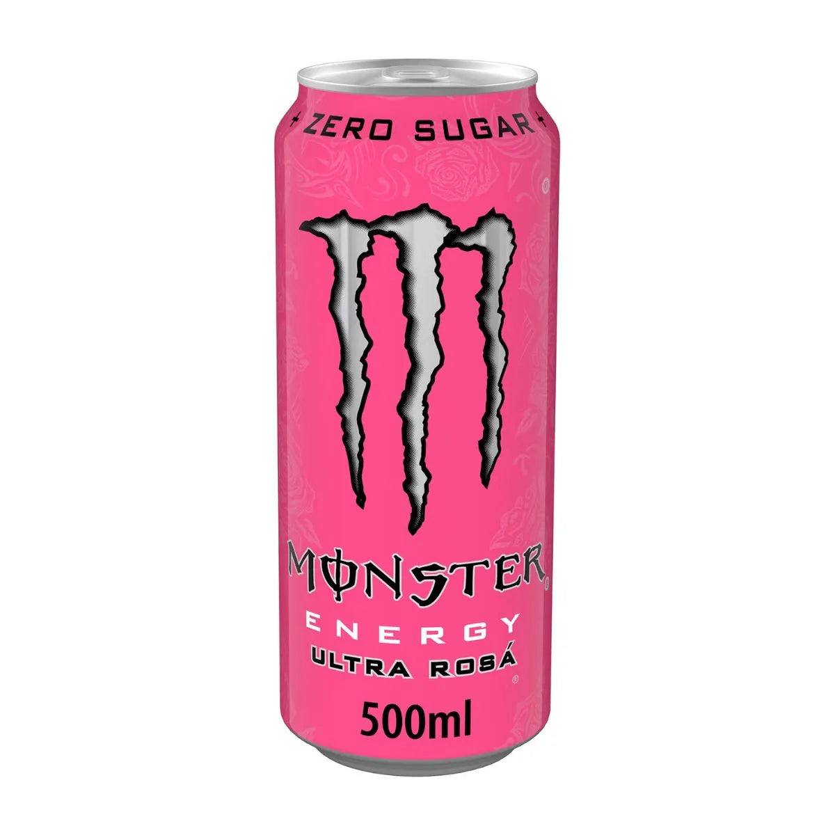 A pack of 12 x 500ml Monster Ultra Rosá, a sugar-free energy drink featuring pink cans with black and silver text labeled zero sugar.