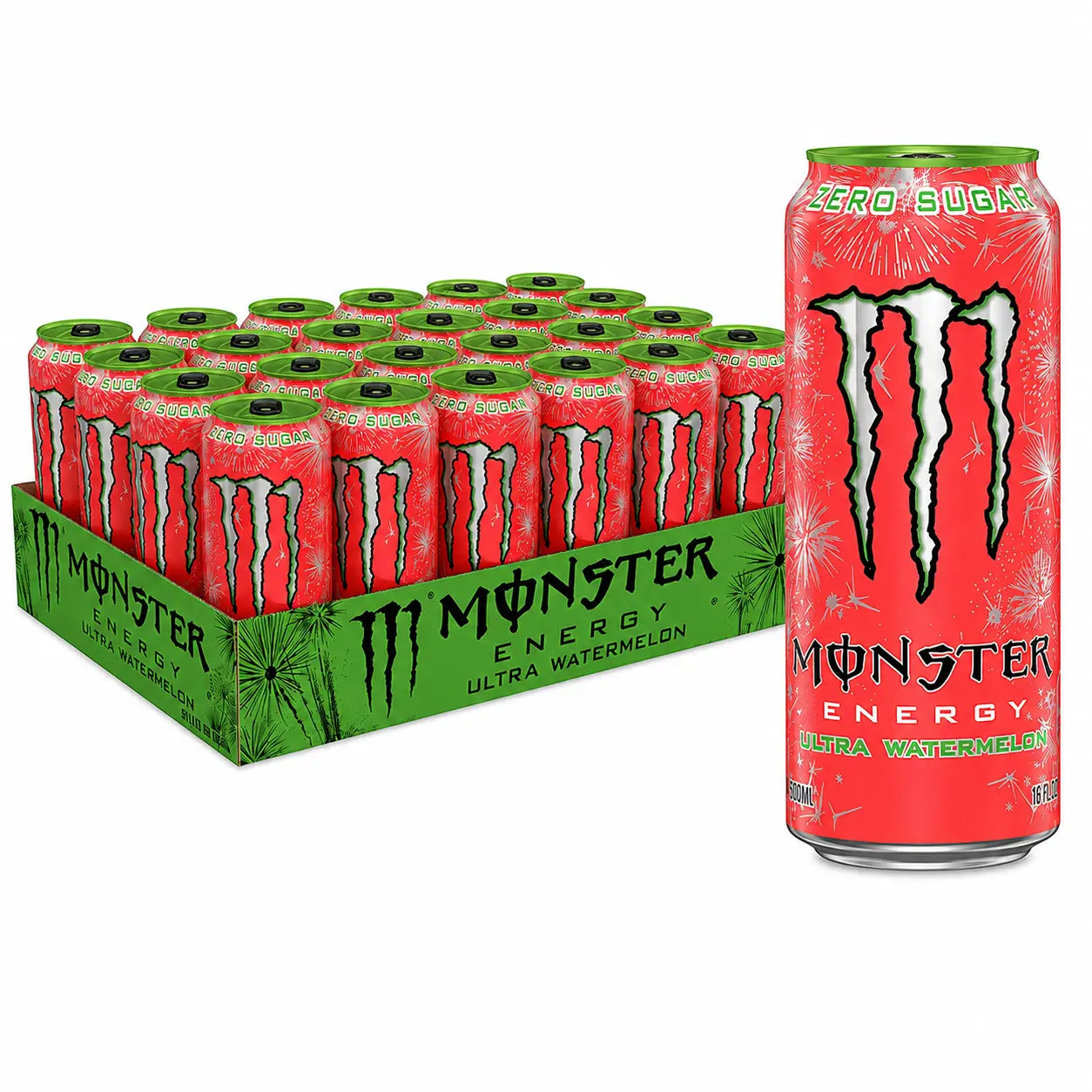 Twenty-four 500ml cans of Monster Ultra Watermelon (Import) are arranged in a green tray, with one can displayed separately in the foreground.