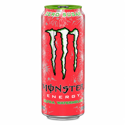A 500ml can of Monster Ultra Watermelon (imported), featuring a green top, a red background with fireworks, and the Monster logo. The packaging highlights zero sugar and comes in a case of 24 cans.