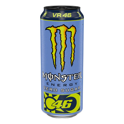 A blue 500ml can of Monster VR46 Zero Sugar energy drink, featuring VR46 branding and a yellow sun and moon design near the base; available in a pack of 12.