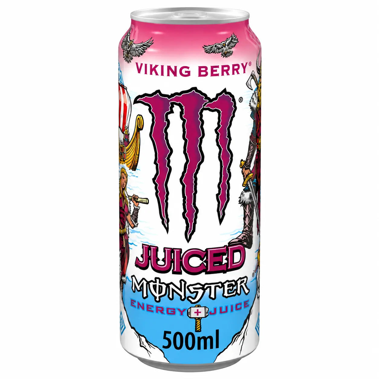 A 500ml can of Monster Viking Berry PM, featuring a pink and white design with Norse-themed graphics and the Monster logo in the center, available in packs of 12.