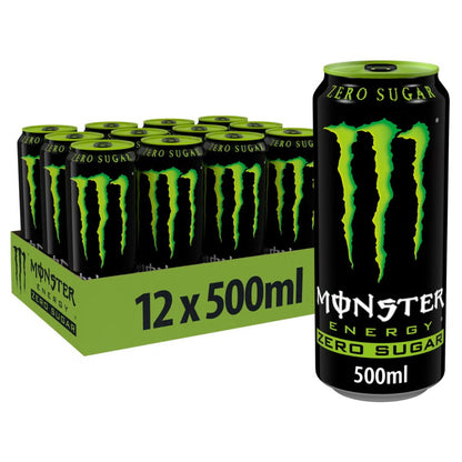 A 12-pack of Monster Zero Sugar 12 x 500ml PM, featuring a front can displaying the logo and details—ideal for wholesale energy drink purchases.