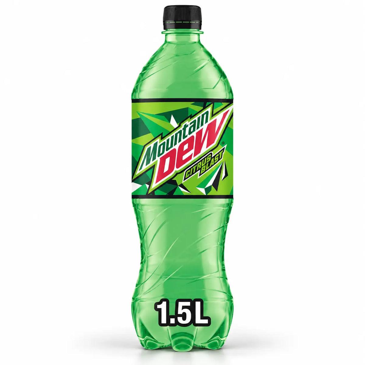 A 6-pack of Mountain Dew 1.5L plastic bottles—each with a vibrant green label and black cap—is showcased against a white background, ideal for European distribution and especially popular in the UK retail market.