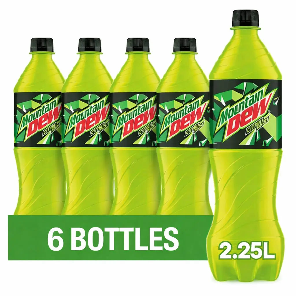 Mountain Dew 6 x 2.25L: Six citrus-flavoured soft drink bottles with green labels, ideal for stocking up or bulk wholesale needs.